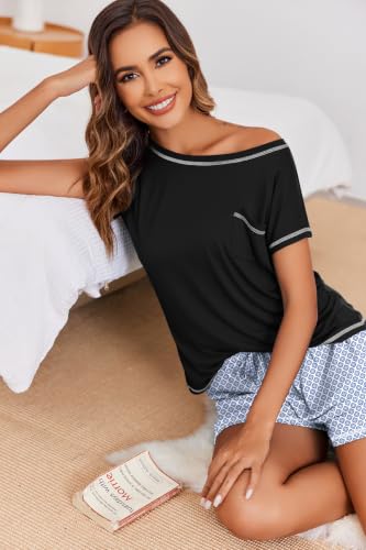 Image of Ekouaer Womens Pajama Sets 2 Piece Soft Short Sleeve Top and Shorts Sleepwear Round Neck Pjs Lounge Set with Pockets