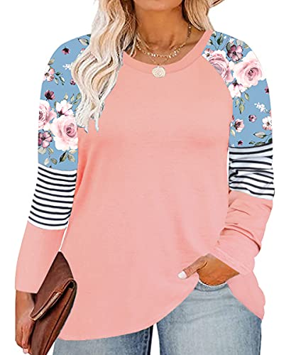 CARCOS Womens Plus Size Raglan Shirts Long Sleeve Color Block Tops Floral Blouses Crewneck Pullover Casual Tunics Peach Pink 2XL 18W 20W