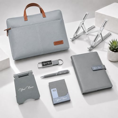 Image of Giftana 7 in 1 Laptop Bag and Laptop Stand with Personalized Diary & Pen, Keychain, Card Holder, Mobile Stand Set, Customized Gift for Husband, Employee Welcome Kit, Corporate Gift for Employees (Grey)