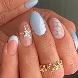 Ceboic 24 Stück Blau French Press on Nails Almond Mittel, Sternenmuster Nägel zum Aufkleben Glänzend Elegant Künstliche Nägel, Abnehmbar Acryl Full Cover Kunstnägel zum Aufkleben für Damen Mädchen