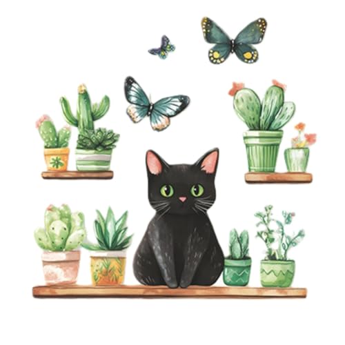 Vinilo Decorativo Gato Negro con Cactus y Mariposas