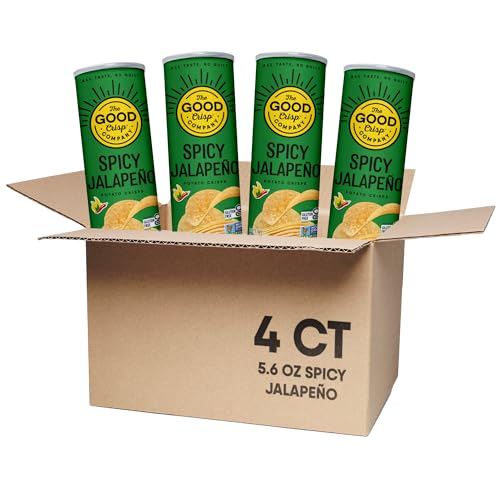 The Good Crisp Company Spicy Jalapeno Gluten-Free Potato Chips, 5.6 Oz Cans (Pack of 4), Non-GMO, Allergen Friendly, Potato Chip Snack Pack