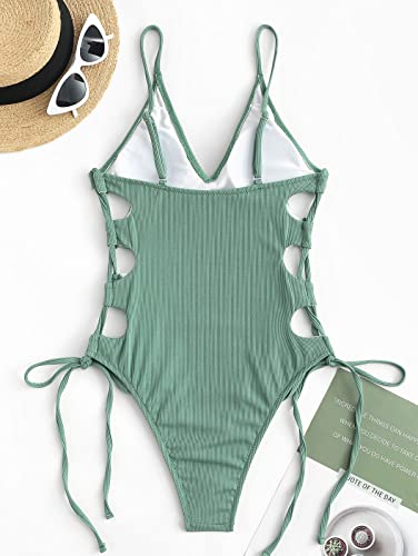 Zaful Women's One Piece Swimsuit Spaghetti Strap Lace-Up Padded Swimwear Bathing Suit (1-Green, L) #TOP2
