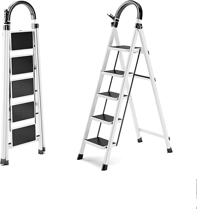 BESTONE Foldable Step Ladder Sturdy Steel Folding Stool with Wide Anti-Slip Pedals for Home Kitchen Garden & OfficeWhite (5 steps)