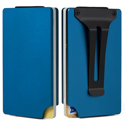 Image of Minimalist Wallet for Men, Slim Metal RFID Blocking Wallet Credit Card Holder Money Clip & Cash Strap, Scratch-Resistant Holds 15 Cards,Ideal Gift for Men | Matt Blue