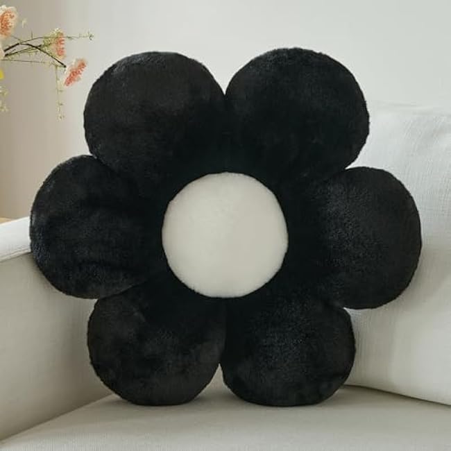 Flower Pillow, Decorative Throw Pillows for Couch Bed, Cute Daisy Home Decor Flower Shaped Pillows for Bedroom Living Room (Black, 14.9 Inches)