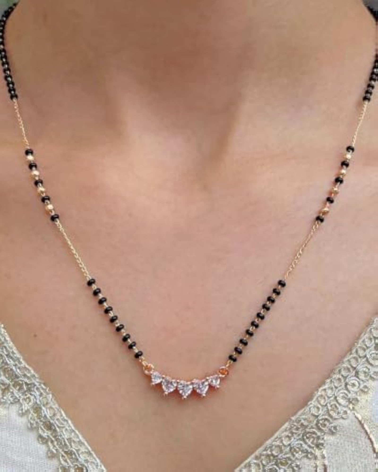 Aarikaa Classic Elegance Black Bead Mangalsutra Necklace with Heart-Cut CZ Pendant