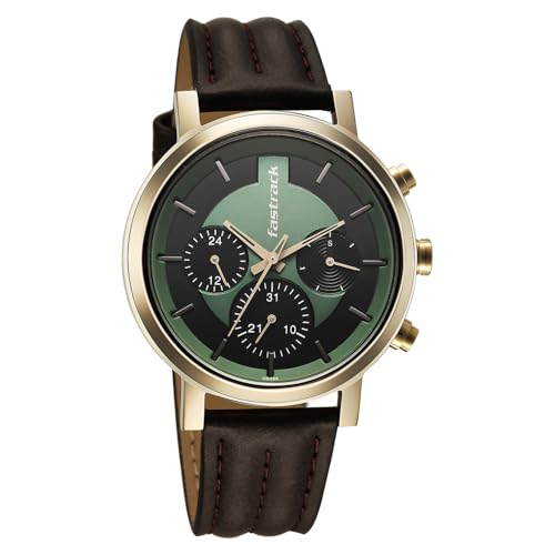 Image of Fastrack Chrome K Quartz Analog with Green Dial Brown Leather Strap Watch for Men - 3287QL02