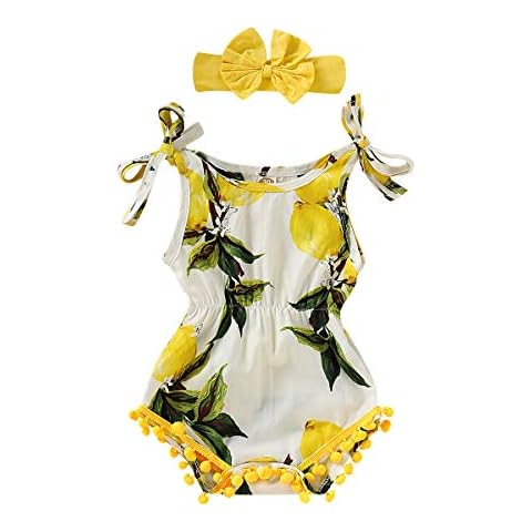 BOEBNOZCV Newborn Baby Girl Shoulder Girdle Pompom Tassel Romper Bodysuit Outfits Sleeveless Summer Lemon Sunsuit Clothes (Lemon, 0-6 Months) Cover