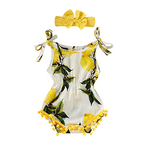 Image of BOEBNOZCV Baby Girl Shoulder Girdle Pompom Tassel Romper Bodysuit Outfits Sleeveless Summer Lemon Jumpsuit Clothes