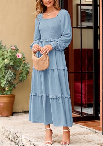 PRETTYGARDEN Fall Dresses for Women 2025 Long Sleeve Smocked Square Neck Swiss Dot Tiered Flowy Wedding Guest Maxi Dress