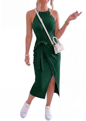 Image of NOLLSOM Women Casual Sleeveless Striped Tank Midi Dresses Halter Neck Ruched Bodycon Dresses Tie Waist T Shirt Summer Dress