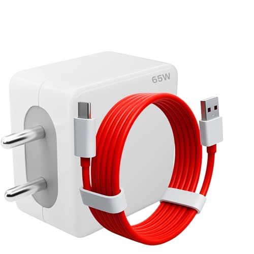 Image of KALIAT 65W Fast Charger with 10A Red USB Type-C Cable | Compatible with One Plus 12 /12R /11 /11R /Nord CE 5G | SuperVOOC VOOC PD Mobile Charging Adaptor | Type C Wall Charger