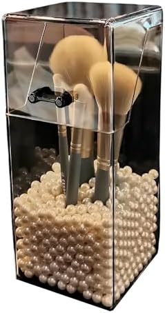 Wolpin Makeup Brush Box Holder Transparent (8.5 x 8.5 x 21 CM) | Acrylic Cosmetic Storage Organizer with Pearls for Brushes Eyebrow Pen Kajal | Vanity Organizer