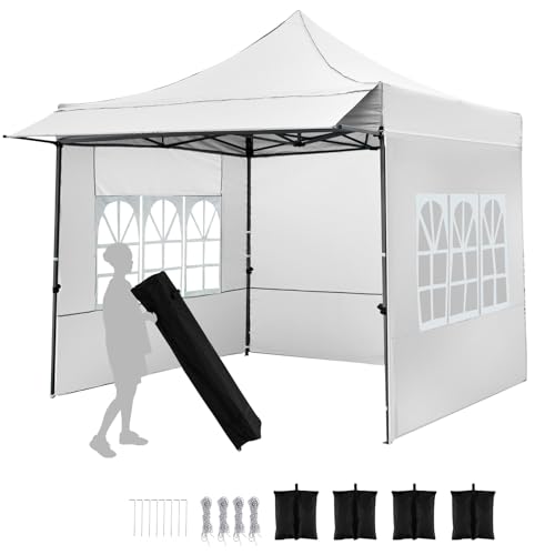 Image of Tangkula 10x10 FT Pop Up Canopy, Outdoor Tent with 3 Sidewalls & Awning, Wheeled Bag, 4 Sandbags, 8 Stake, 4 Ropes, Portable Canopy Tent for Party Picnic Event Beach Camping (White)