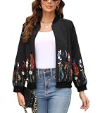 Higustar embroidery Jackets for Women Bomber Satin Floral Embroidered Mexican Style Outwear Jacket Spring Fall Zip Up Coat