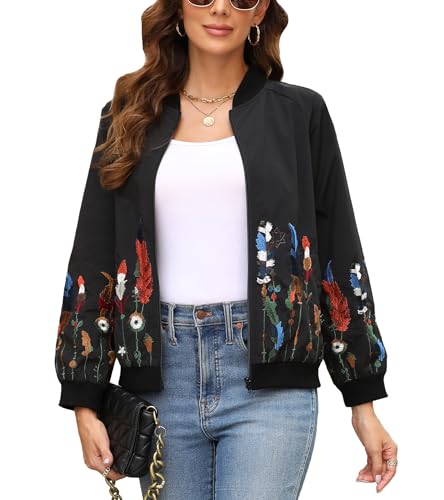 Higustar Damen Bestickte Jacken Reißverschluss Herbst Winter Leichte Bomberjacke Mit Taschen Outwear Sweatshirts Mantel, Schwarz, XL