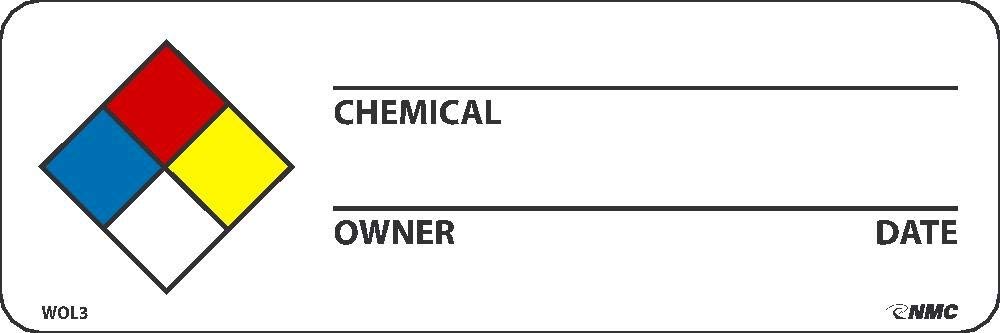 NMC WOL3 Chemical - Owner - Date Label – [Roll of 500] PS Paper Right to Know Label with Diamond Boxes Graphic, Black Text on White Base