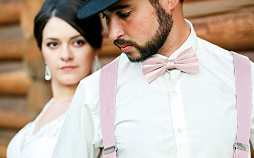 TIE G Solid Color Men's Suspender + Woven Bow Tie Set for Wedding : Vivid Color, Adjustable Brace, Strong Enhanced Clip, Elastic Band (Champagne Beige)