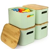 XJGQZ 4 Pack Plastic Storage Bins with Wooden Lids, Stackable Storage Containers with Lids, Storage Baskets for Organizing Desktop, Classroom and Office (Green)