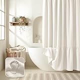 Linen Shower Curtains for Bathroom - Farmhouse & Boho Shower Curtains, Neutral Textured 1:2 Ruffled Shower Curtain, Spa-Like Bathroom Decor, Easy Care, 72' W x 72' L, White (with 12 Hooks)