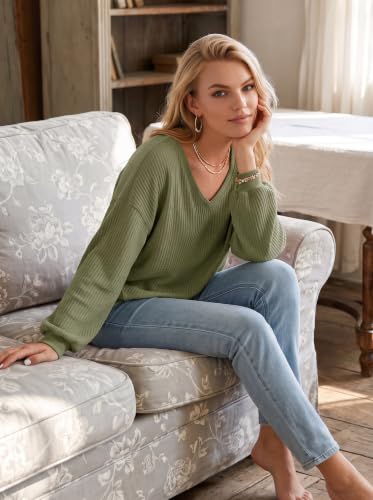Image of Dokotoo Womens Waffle Knit Tops Trendy Fashion 2026 Oversized T Shirts | Lightweight,V Neck,Casual,Batwing Sleeve,Loose Fit,Irregular Hem,Boyfriend Style,Oversized,Fall Outfits