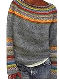 QJK Fair Isle Sweater Retro Nordic Cable Crewneck Sweater Knit Vintage Sweater (Dark Grey,X-Large)