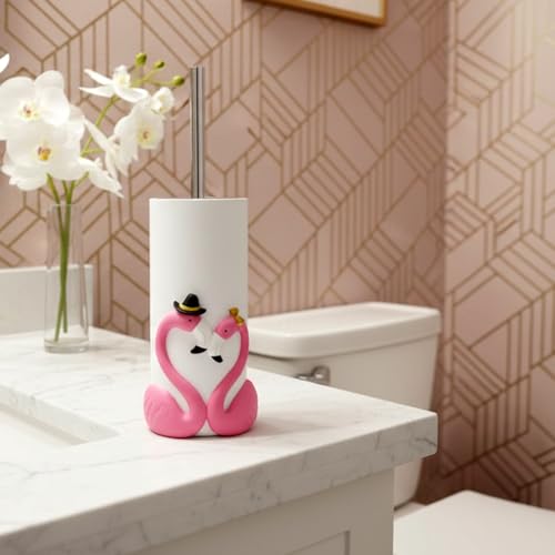 Image of 15 Inch Pink Toilet Brush Holder Set, Bathroom Storage | Resin rose design brush set, flamingo-inspired bathroom storage, modern organizer with holder