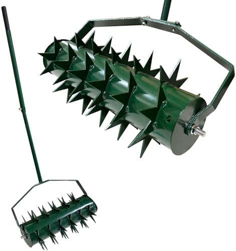 21 Inch Rolling Lawn Aerator - Fillable With Sand/Rocks, Manual Push Aerator With Spikes, Heavy-Duty For Yard & Garden