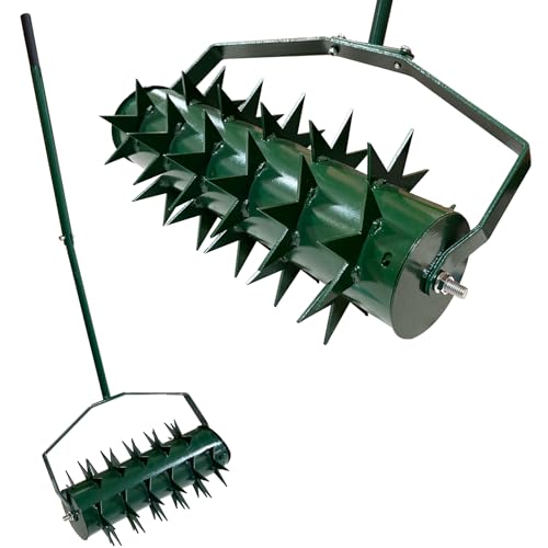 Yinnhom Aireador de césped manual, aireador de césped tipo rodillo, rodillo de césped con mango y clavos de 5 cm y mango, rodillo de césped escarificador manual para patios, céspedes en el jardín