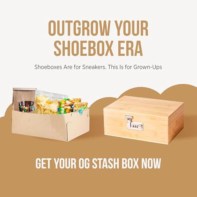 The OG Storage Box - Large Bamboo Box with Combination Lock, Magnetic Lid, Organizer Tray, Airtight Tube and 3 Smell-Proof Jars - Discreet Decorative Locking Wooden Box with Accessories (Wood/Silver)