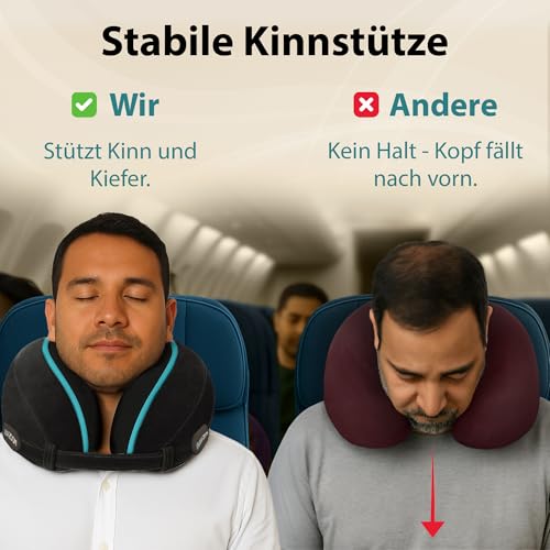 FLOWZOOM Dream Pro - Nackenkissen mit extra seitlicher Stütze und flexibel einstellbarem Klettverschluss - Reisekissen Flugzeug aus Memoryschaum - inkl. Reisebeutel & Geschenkverpackung - Schwarz