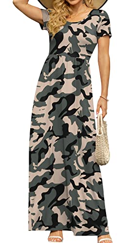 Image of DB MOON Womens 2026 Casual Summer Maxi Dresses Short Sleeve Empire Waist Spring Long Dress with Pockets(Camouflage 01, S)
