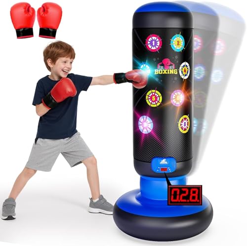 Saco de Boxeo para Niños, Saco de Boxeo de Pie con Música y Luz, Bolsa de Boxeo Inflable Interactiva, Saco de Boxeo con Guante de Boxeo para Regalo para Niños de 6 a 12 Años (Azul)