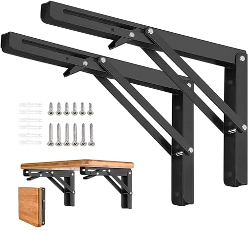 Image of Folding Shelf Bracket 20cm Heavy Duty Metal Wall-Mounted Collapsible Shelf Bracket Space-Saving - Black (20cm)