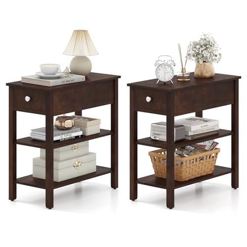 Giantex Narrow End Table Set of 2, Farmhouse Side Tables with Drawer & Storage Shelves, Wood Sofa Side Tables, 3-Tier Nightstands for Small Space, Living Room, Bedroom, 23.5"L x 12"W x 24.5"H, Walnut