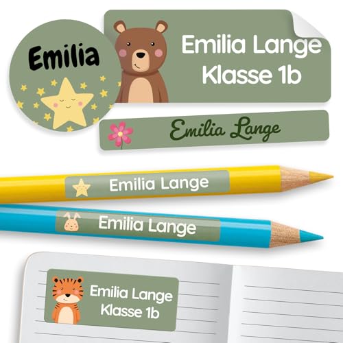 melu kids Namensaufkleber Set für Kinder in der Schule (255 Stück) - Personalisierte Aufkleber mit Namen für Schulsachen - Wasserfest und in verschiedenen Größen - grün
