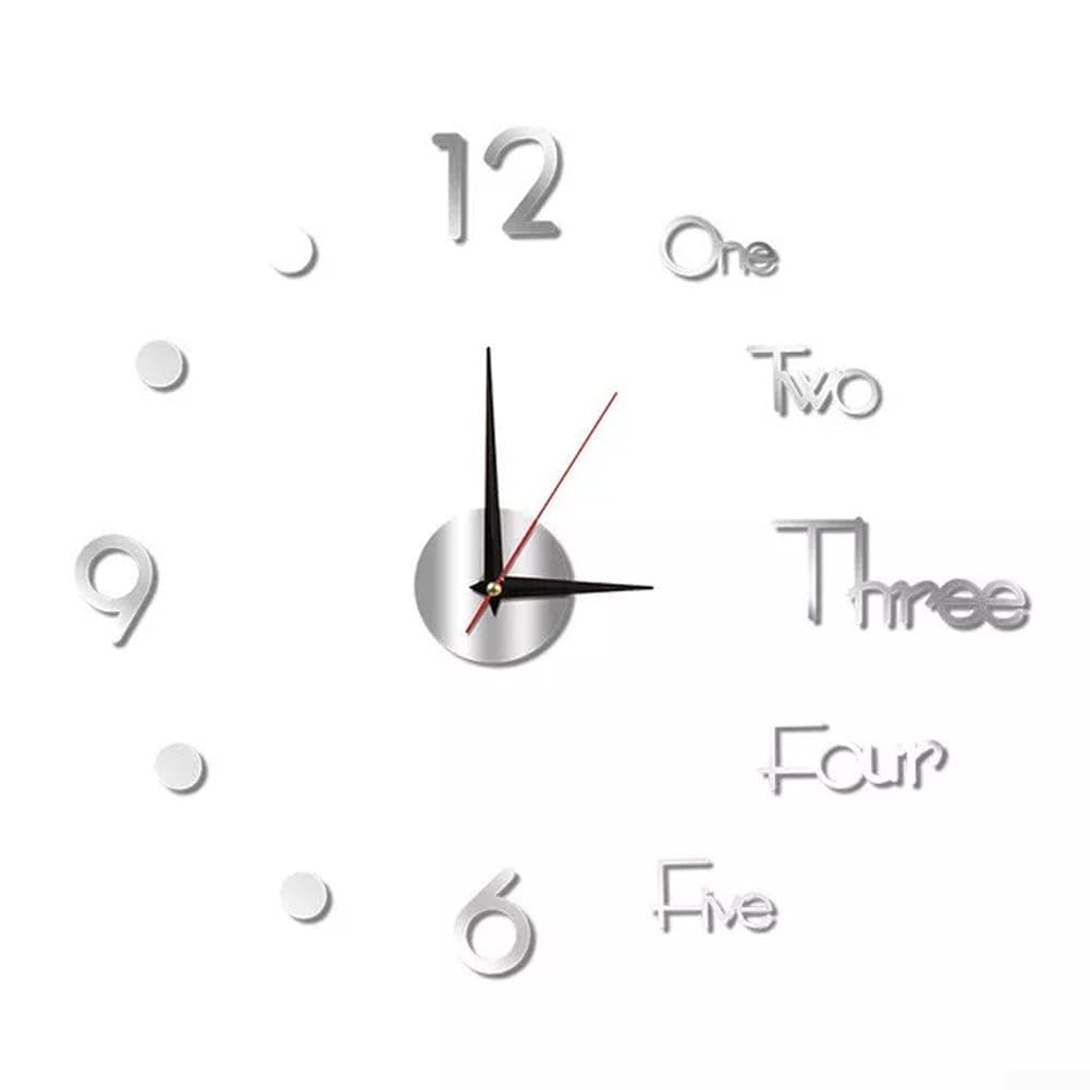 Reloj de pared elegante y silencioso, adhesivo grande de espejo, decoración moderna para el hogar (plateado)
