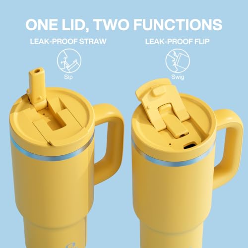 Image of 32 oz Tumbler with Handle and Straw: Stainless Steel Insulated Tumbler Keeps Cold for 24 Hours, Leakproof Travel Cup Fits in Cup Holder and BPA-Free, Elfin Yellow