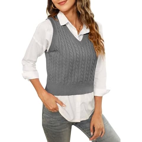 HOCOSIT Women's Knitted V-Neck Vest Argyle Plaid Preppy Style Sleeveless Pullover Crop Sweater Vest Grey Medium Cover