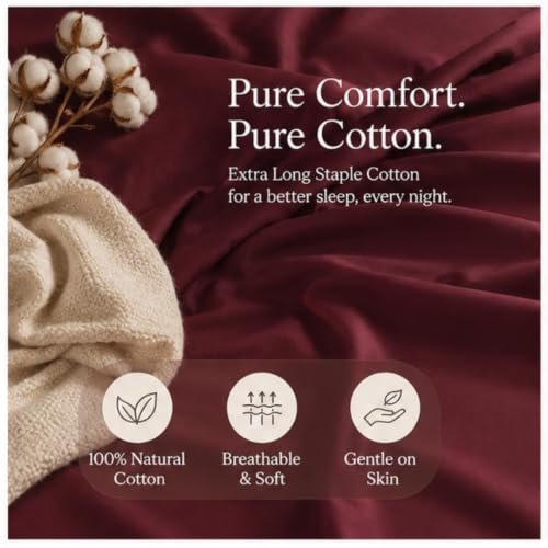 Image of Egyptian Cotton Feel King Size Flat Bedsheet with 2 Pillow Covers | 800 TC Soft & Breathable | Burgundy Solid Pattern for Bedrooms and Hotels Use (Size: 102 x 108 Inch)