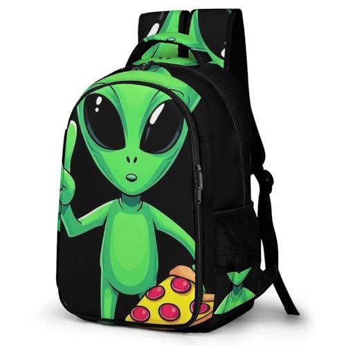 Backpack for Men Women, Cute Funny Space Alien Eating Pizza Peace Adjustable Strap Backpack for Travel, Business, Unisex Comfy Large Capacity Shoulder Bag
