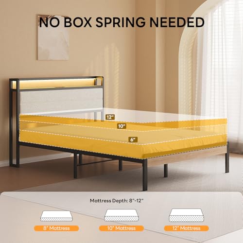 Image of LIKIMIO Full Bed Frame with Storage Headboard and LED Lights, Metal Platform Bed with Charging Station, Noise Free, No Box Spring Needed, Under Bed Storage, Natural and Cream