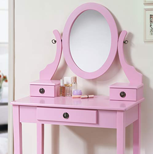 Roundhill Furniture Moniys Moniya Pink Wood Makeup Vanity Table And Stool Set #TOP4
