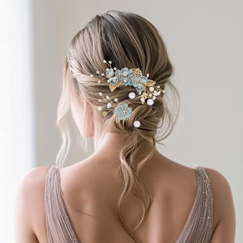 4er-Set Hochzeits-Haarschmuck für Damen, elegante Braut-Haarnadeln mit Blumenmotiven, 10 Spiralperlen-Haarnadeln für Bräute, Brautjungfern, Frauen und Mädchen (Grün)