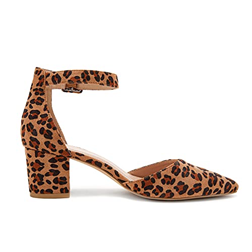Fisace Womens Low Mid Square Heel Ankle Strap Sandal Office Ladies Pointed Toe Pumps Shoes Leopard Suede #TOP3