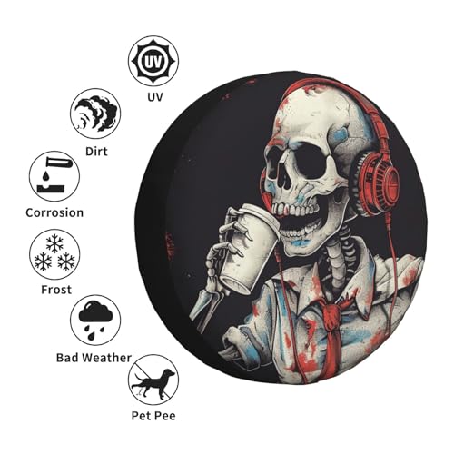 Image of Fashion Skull Spare Tire Cover, Universal Wheel Tire Cover Funny Skull Skeleton Tire Protectors for Trailer RV SUV Truck Camper 15 Inch
