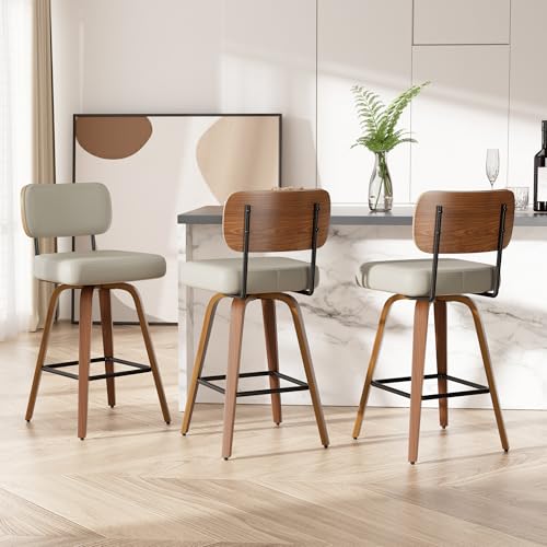 Image of Swivel Bar Stools Set of 3, 26 inch Upholstered Faux Leather Counter Height Barstools with Walnut Back & Bentwood Legs, Mid Century Modern Bar Chairs Island Stools for Kitchen Counter, Beige Grey
