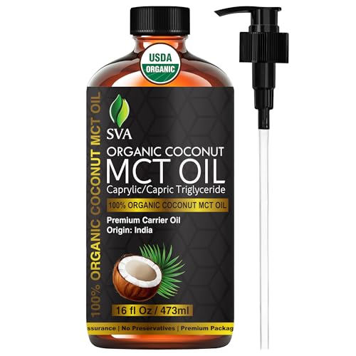 Image of SVA Organic MCT Carrier Oil, Huge Bottle, Large Size, 16 Oz (473 ml) | Organic MCT Oil for Skin Care, Face Care, Hair Care, Body Massage, Scalp Massage, Blending, Dilution & DIY Beauty Blends