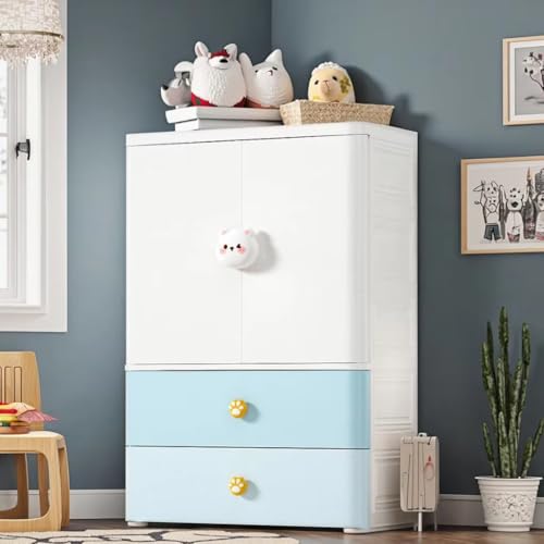 Image of KRISHYAM Kids Storage Cabinet with Drawers & Cupboard | Multi-Purpose Plastic Wardrobe Organizer for Nursery & Kids Room | Toy, Clothes & Accessories Storage (White & Pastel Blue) (Blue)